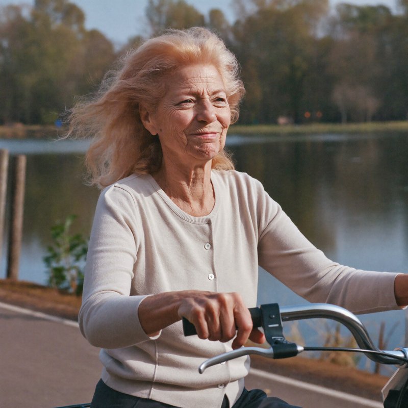 Frau um siebzig fährt Rad an einem See